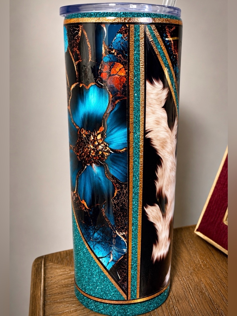 Handmade Western Country Cowhide Teal Glitter Floral Slim Tumbler beautiful soul - Picture 2 of 3